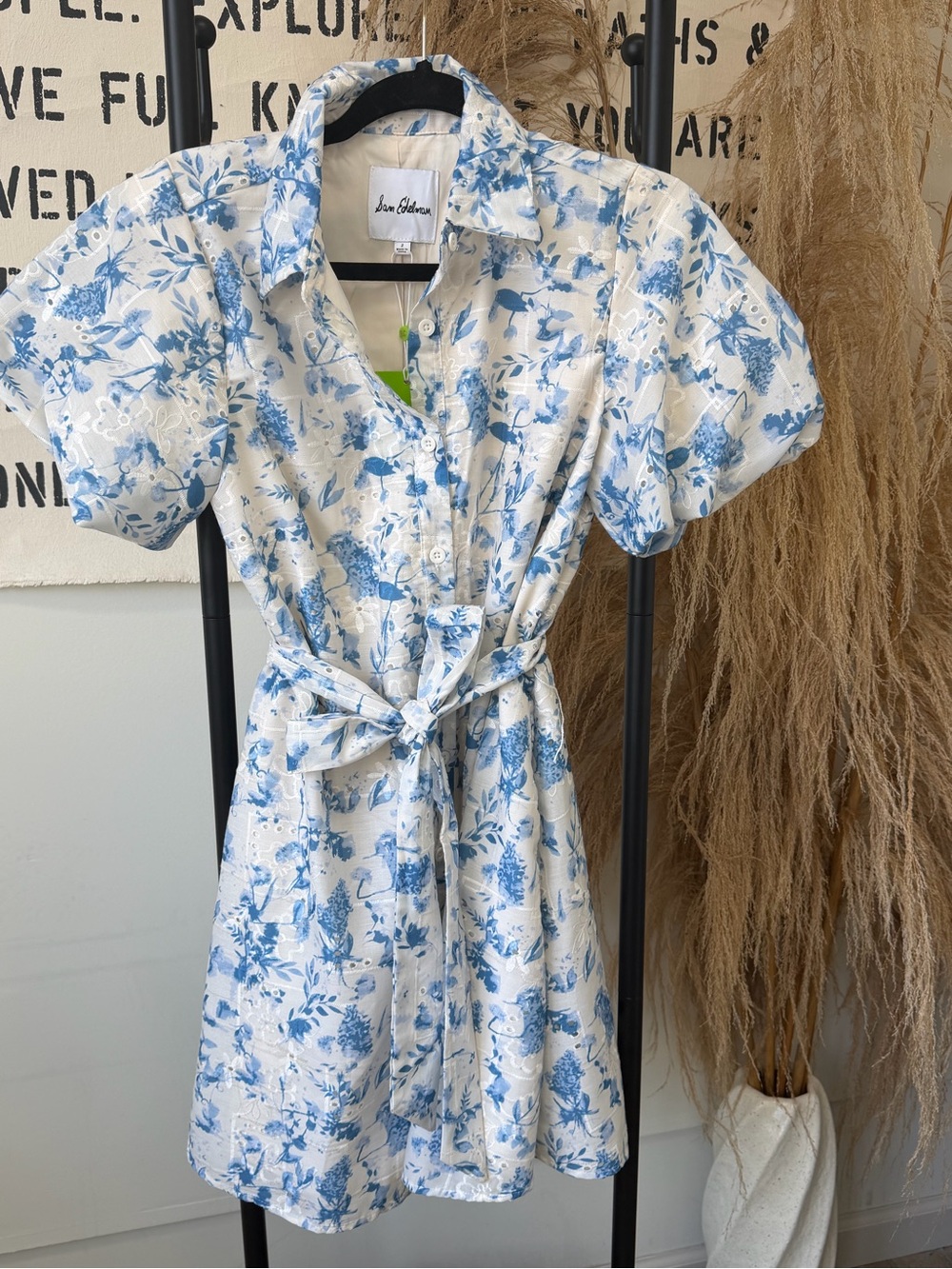 Sam Edelman White and Blue Floral Mini Shirt Dress with Tie Waist